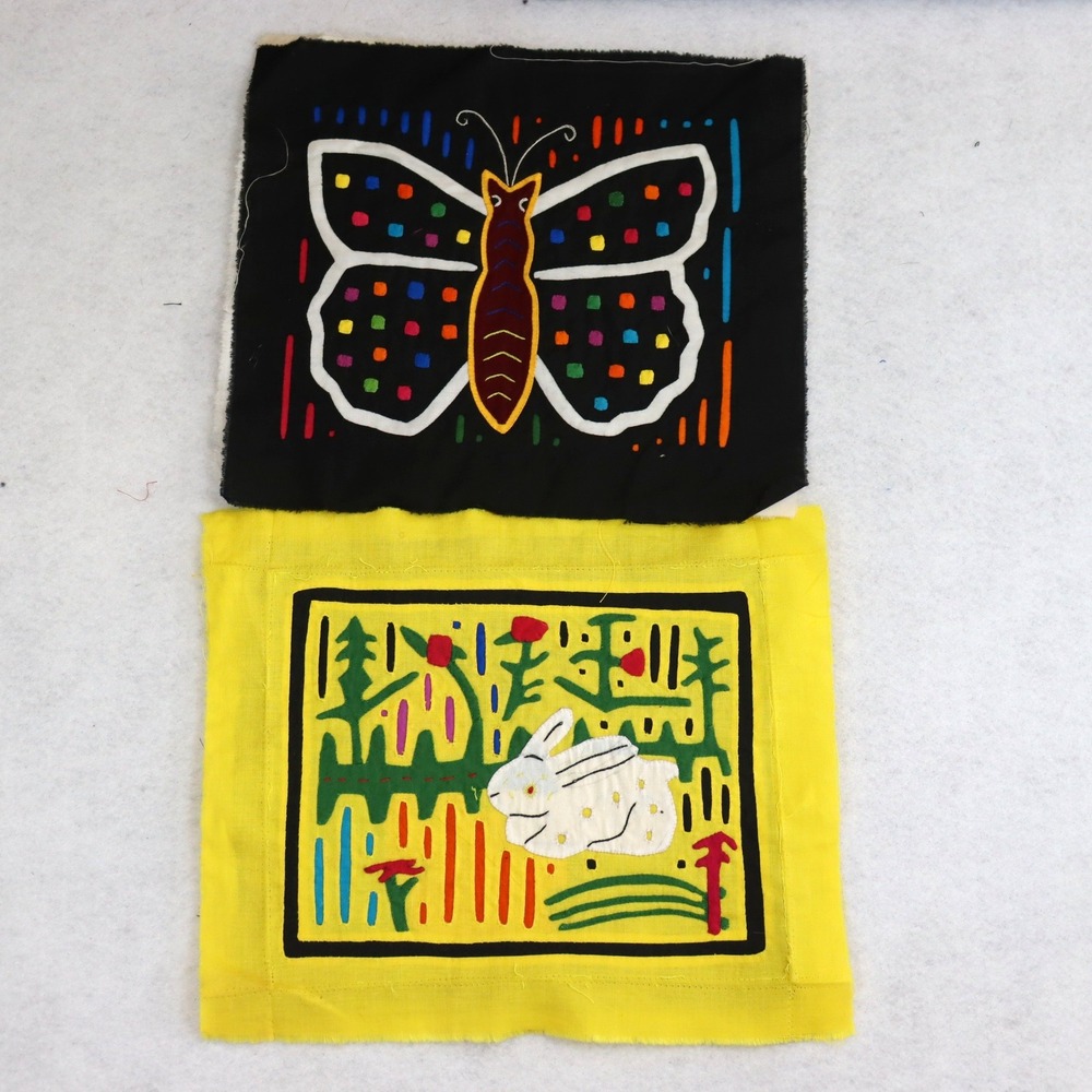 Vintage Mola Hand Stitched Textile Art Panels Butterfly Rabbit Pair 9x8